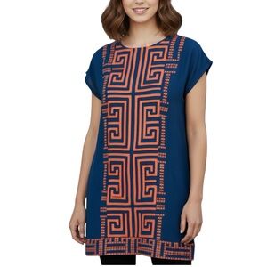 THML Size XS Navy Blue Orange Greek Key Embroidered Tunic Dress